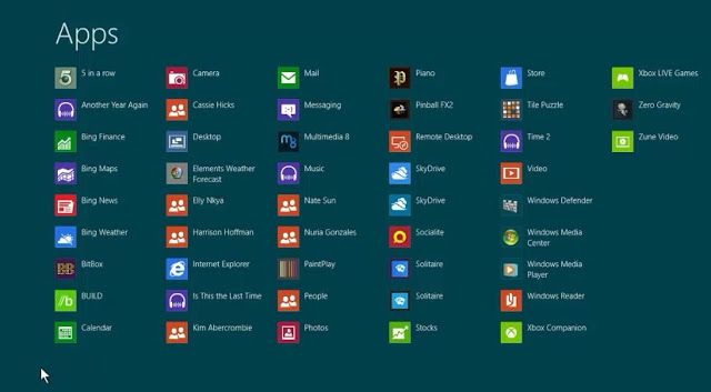 Menú de aplicaciones de Windows 8
