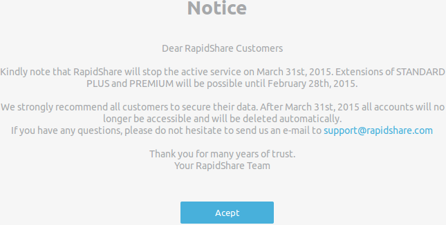 Mensaje aviso de que Rapidshare cerrará el próximo 31 de marzo de 2015