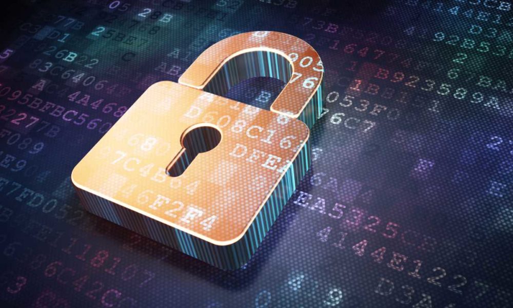 Security concept: Golden closed padlock on digital background