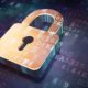 Security concept: Golden closed padlock on digital background
