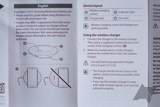 Ventilador en el manual de instrucciones del cargador inalámbrico super rápido de Samsung