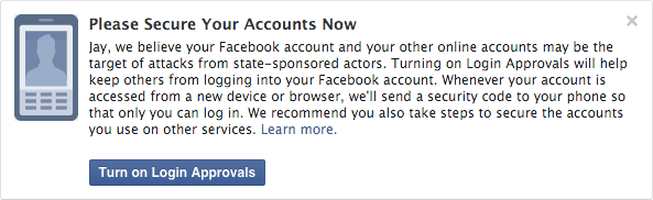 Aviso de Facebook por si algún gobierno o hacker ha husmeado o lo ha intentado en una cuenta de usuario