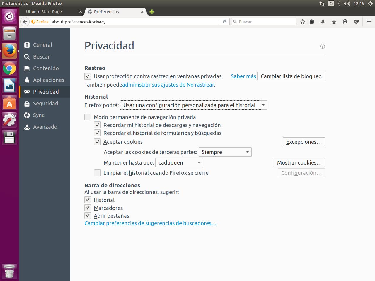 Opciones de privacidad de Firefox