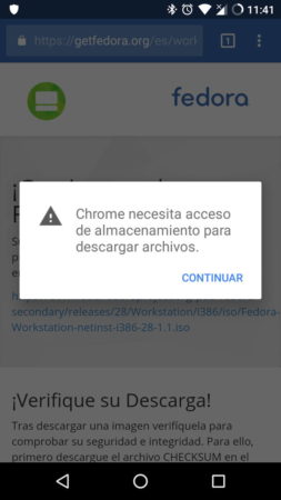 Descargando un fichero en Google Chrome para Android. Pide permisos a nivel del sistema