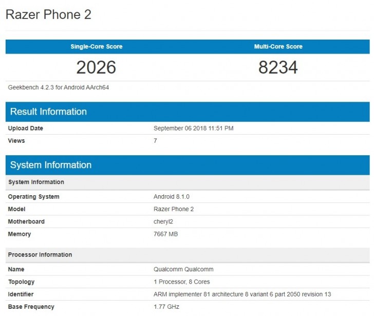 Benchmark del Razer Phone 2 de GeekBench