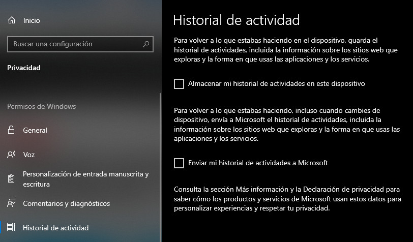 historial de actividades Windows 10