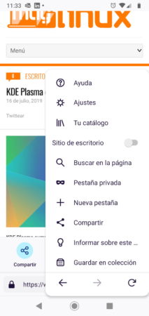 Menú de opciones con la pestaña activa de Firefox Fenix para Android