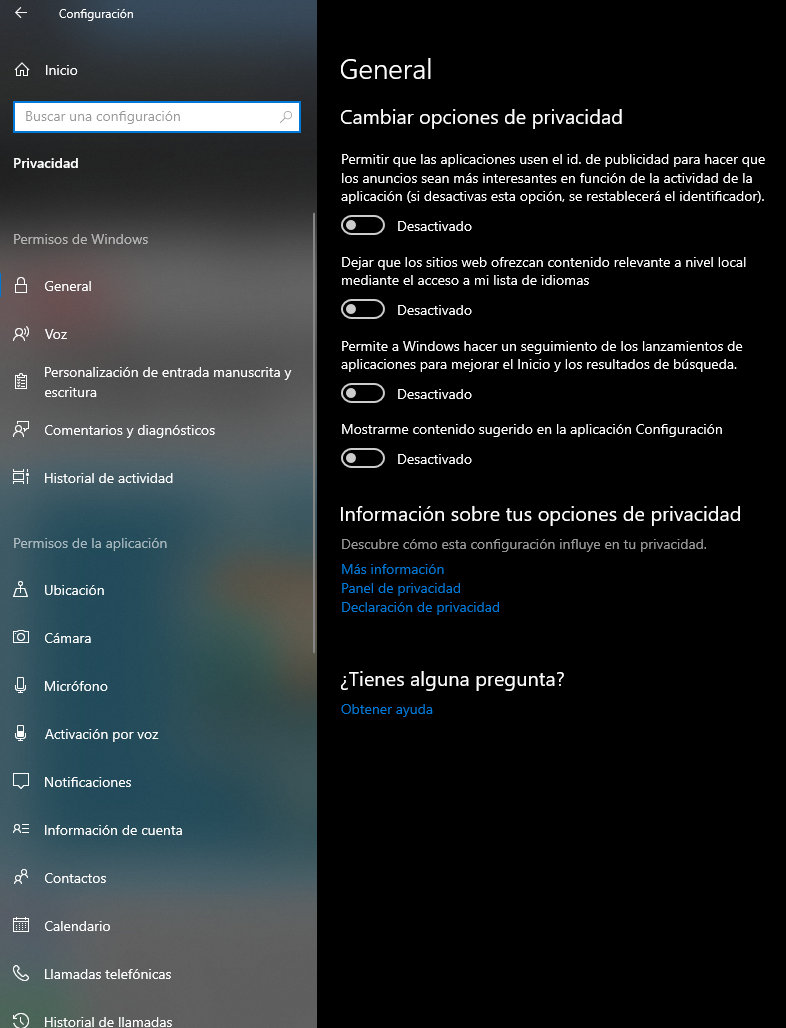 configuración de privacidad de Windows 10