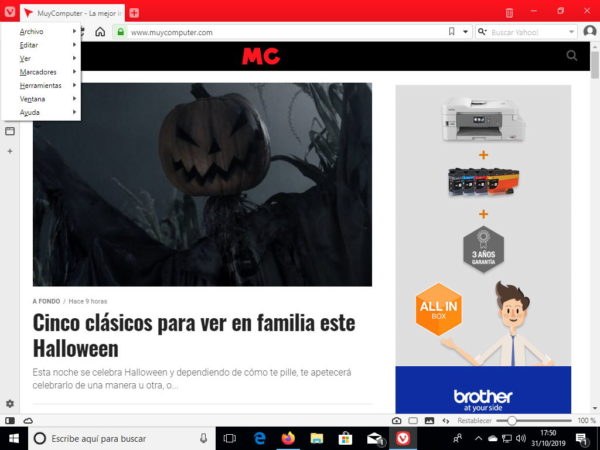Vivaldi 2.9 con el menú clásico en formato botón