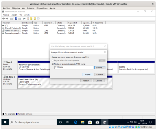 Cambiando el punto de montaje a la unidad de CD-ROM en Windows 10