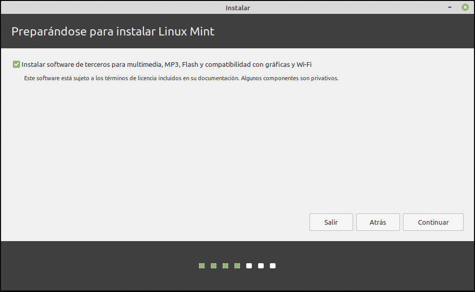 Marcar la instalación de software de terceros en la instalación de Linux Mint