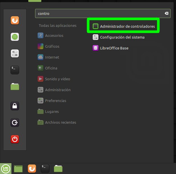 Gestor de controladores de Linux Mint para instalar el driver de NVIDIA