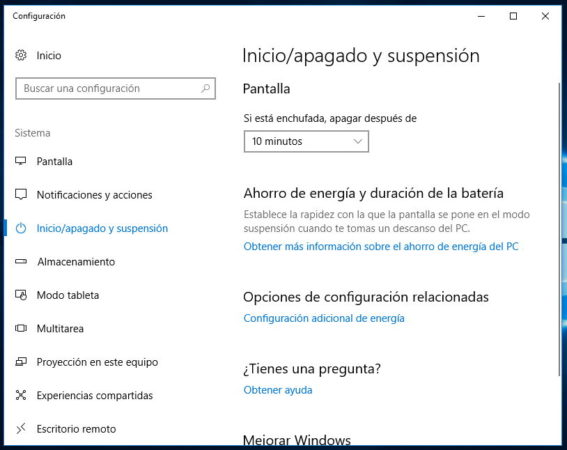Configuración de la energía en Windows 10
