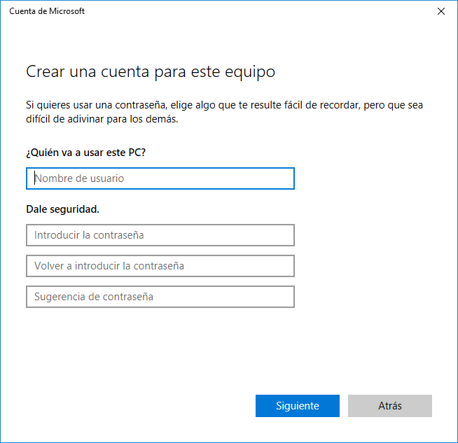 Crear un usuario local en Windows 10