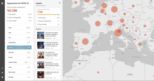 Bing dibuja un mapa online del coronavirus
