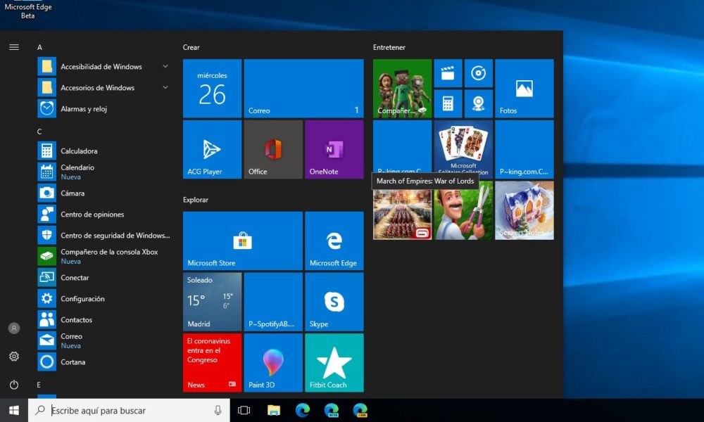 nuevo menú de inicio de Windows 10