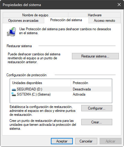 System Restore en Windows 10