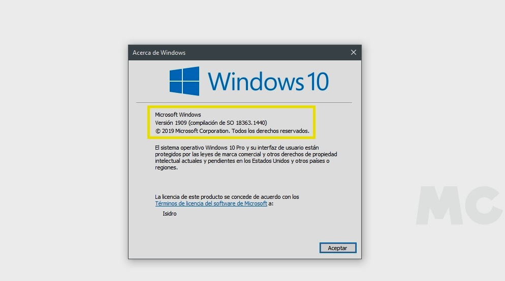 versión de Windows 10