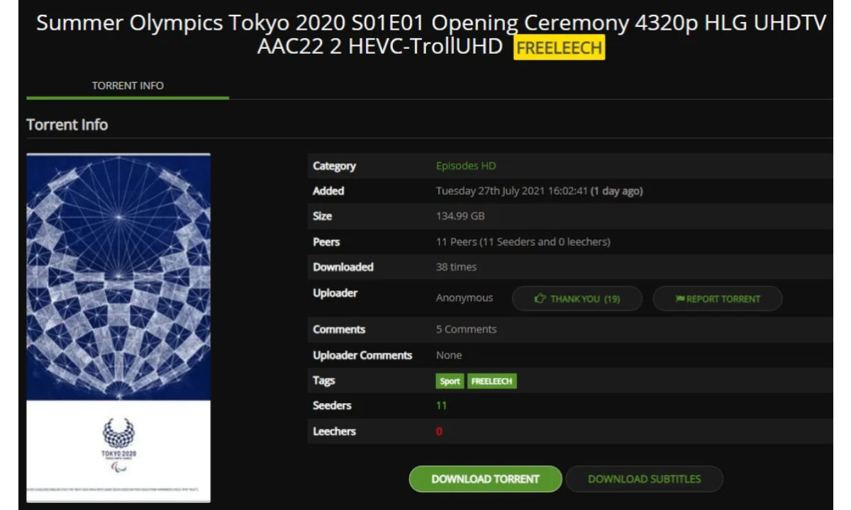 Ceremonia JJOO Tokio 2020 contenido 8K pirateado torrent