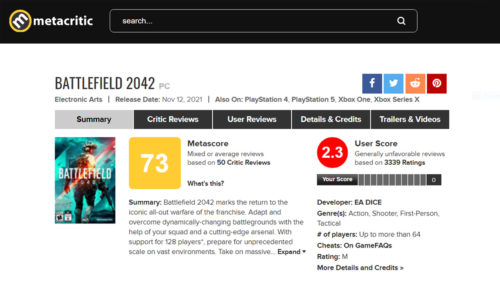 Battlefield 2042 criticas negativas Metacritic