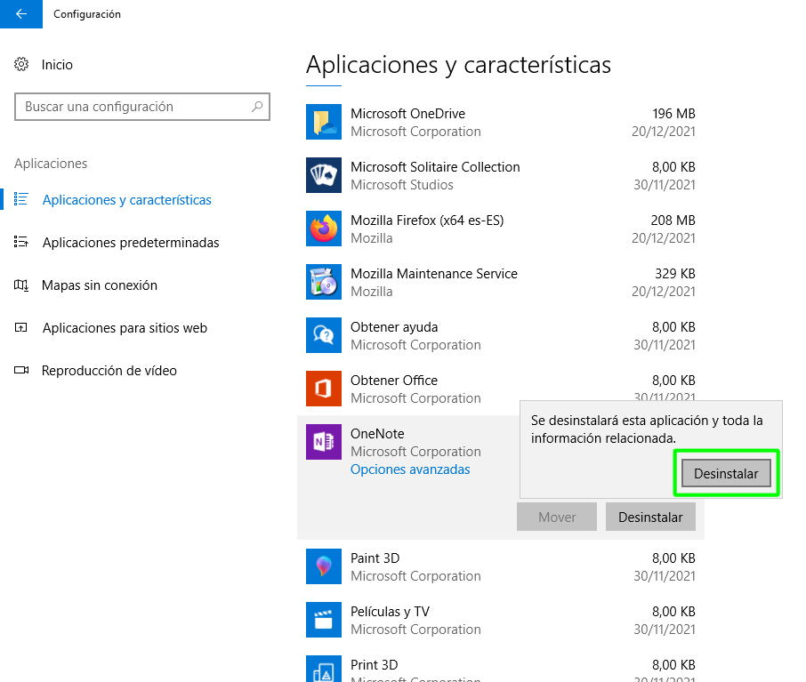 Desinstalando una aplicación en Windows 10