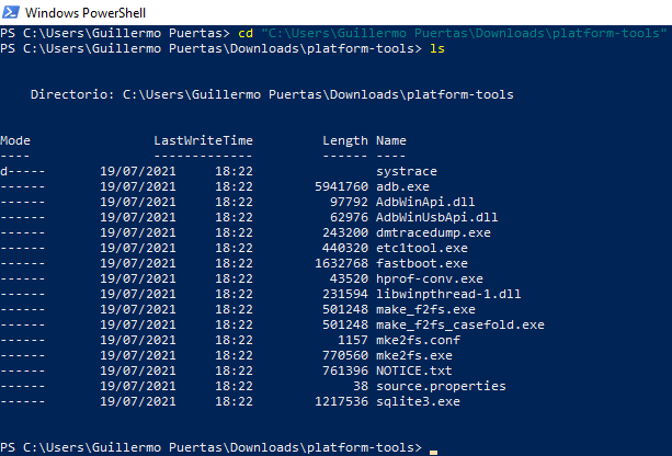 Accediendo con PowerShell al directorio donde se ubica el SDK de Android en Windows 10 para usar ADB