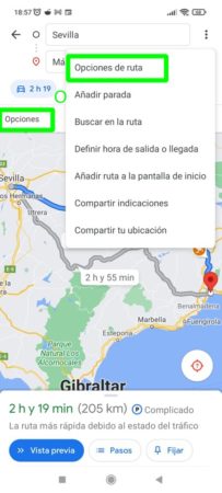 Ir a las opciones de ruta en la aplicación de Google Maps para Android