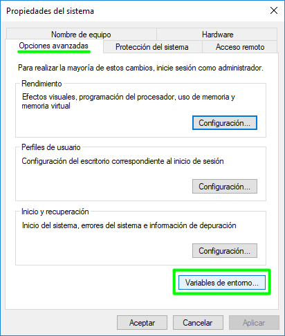 Variables del entorno de Windows 10