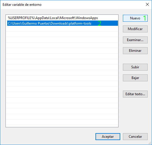 Introducir la ruta donde se ubica el SDK de Android en Windows 10 a la PATH del usuario