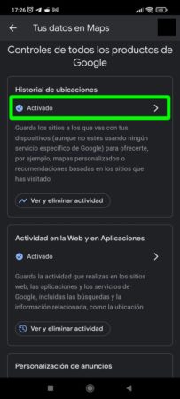 Desactivar el historial de ubicaciones en Google Maps para Android