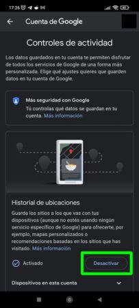 Desactivar el historial de ubicaciones en Google Maps para Android