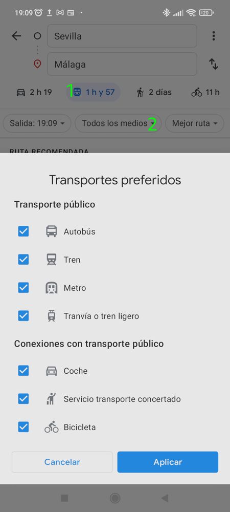 Transportes que el usuario quiere tener a disposición en Google Maps para Android