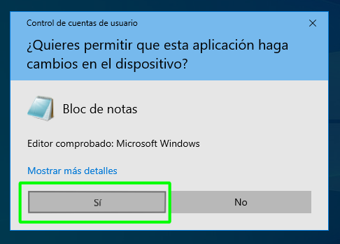 Confirmar que se quiere abrir el Bloc de notas como Administrador para modificar el fichero de los hosts en Windows