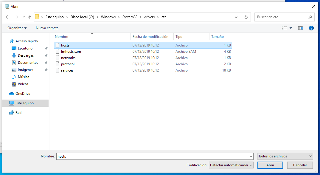 Seleccionar el fichero /etc/hosts en Windows dentro de System32