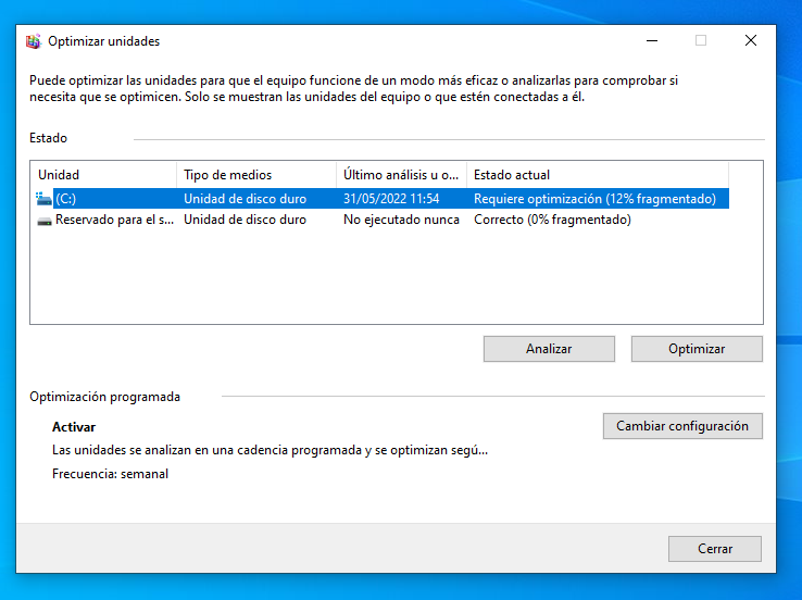Optimizador de discos de Windows (antes desfragmentador)