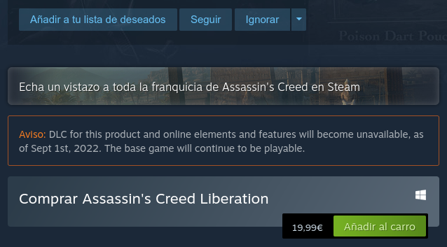 Actual mensaje publicado en la ficha de Assassin’s Creed Liberation HD en Steam sobre el cierre por parte de Ubisoft