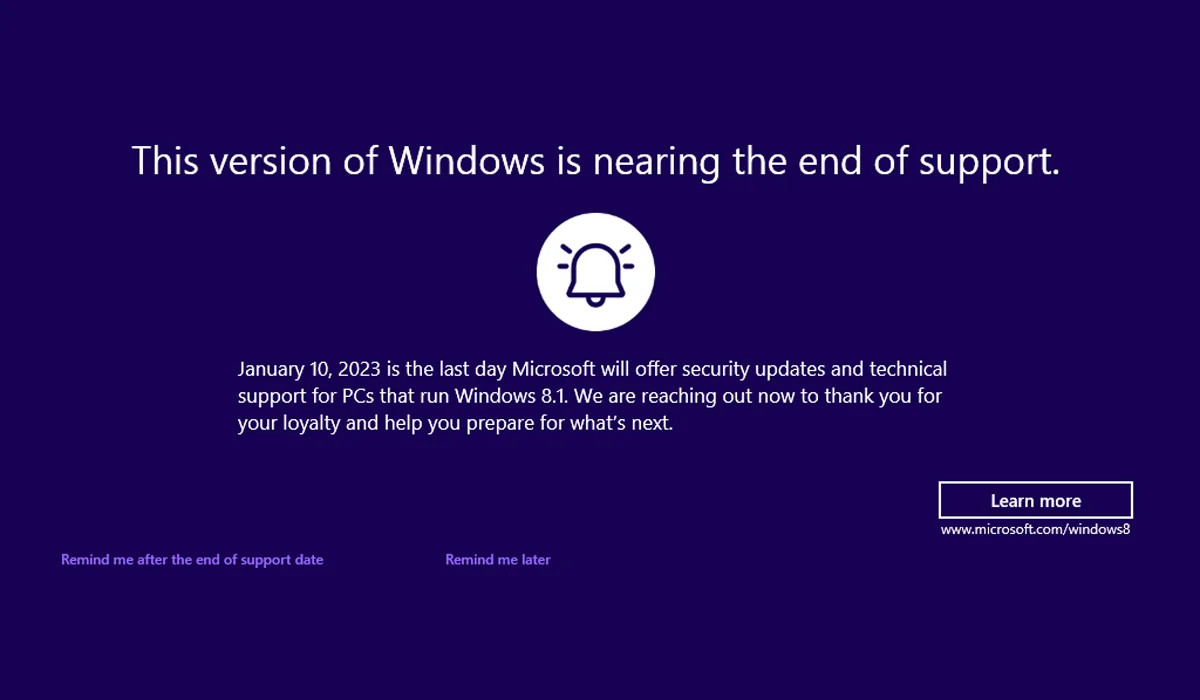 Aviso sobre el fin del soporte de Windows 8.1
