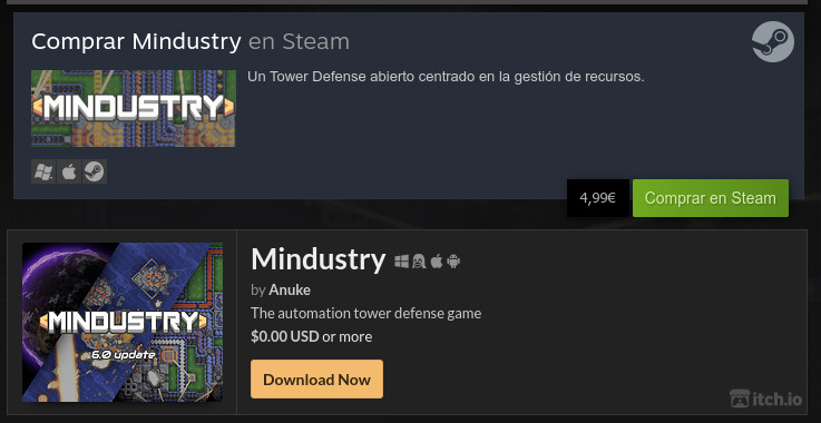 Mindustry es un videojuego publicado como software libre que puede ser gratuito en su web y es de pago en Steam