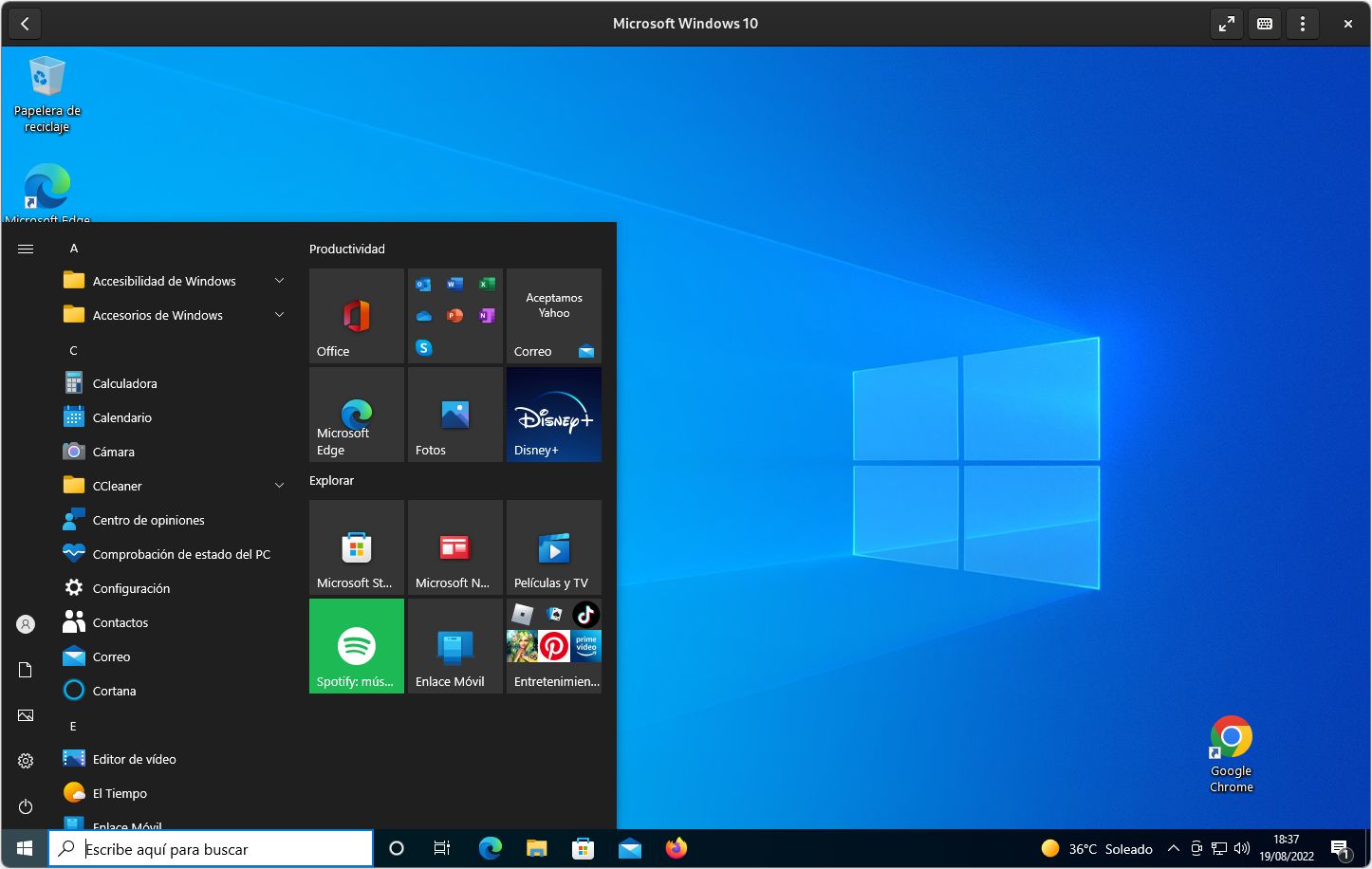 Windows 10 ejecutado en una máquina virtual de GNOME Boxes, una interfaz sencilla para KVM/QEMU