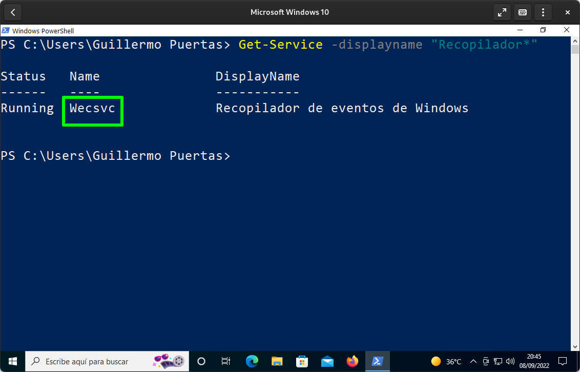 Nombre de un servicio de Windows para gestionarlo a través de PowerShell