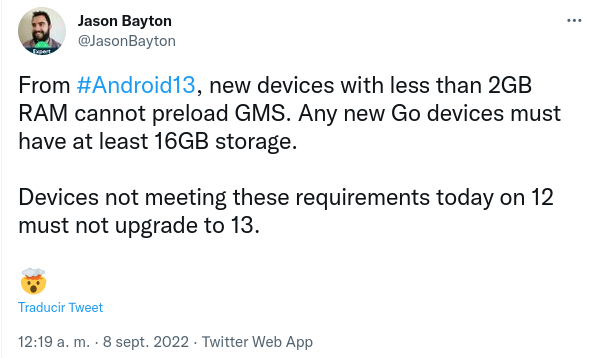 Requisitos de hardware de Android Go 13 según Jason Bayton, Experto en Empresas de Android y Experto en Productos de Google