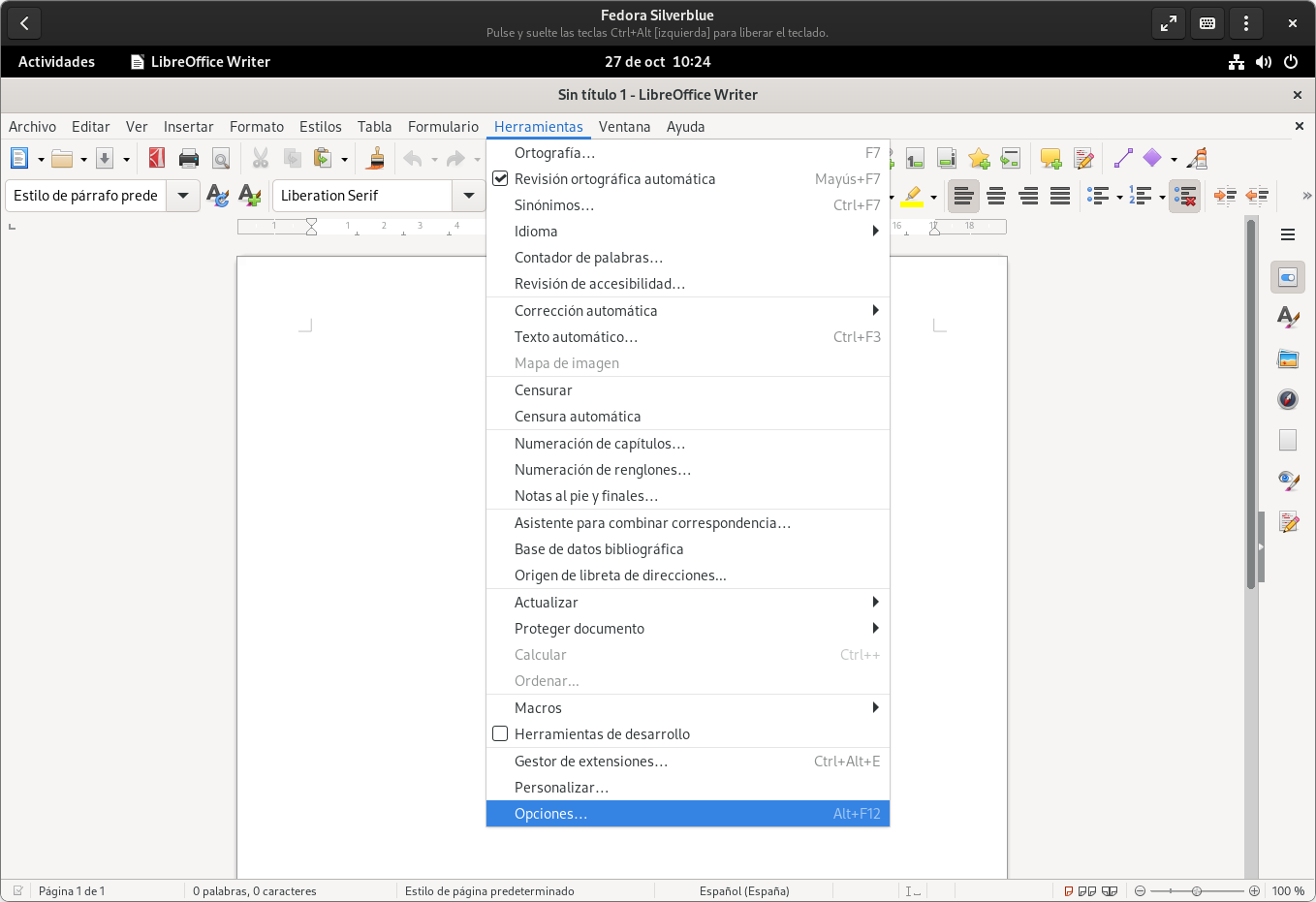 Переход к параметрам конфигурации LibreOffice