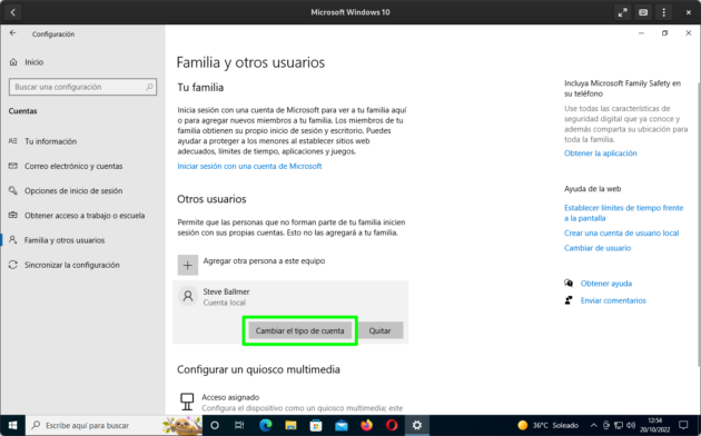 Cambiar el tipo de cuenta a un usuario de Windows 10