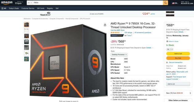 AMD Ryzen 9 7950X en Amazon Estados Unidos