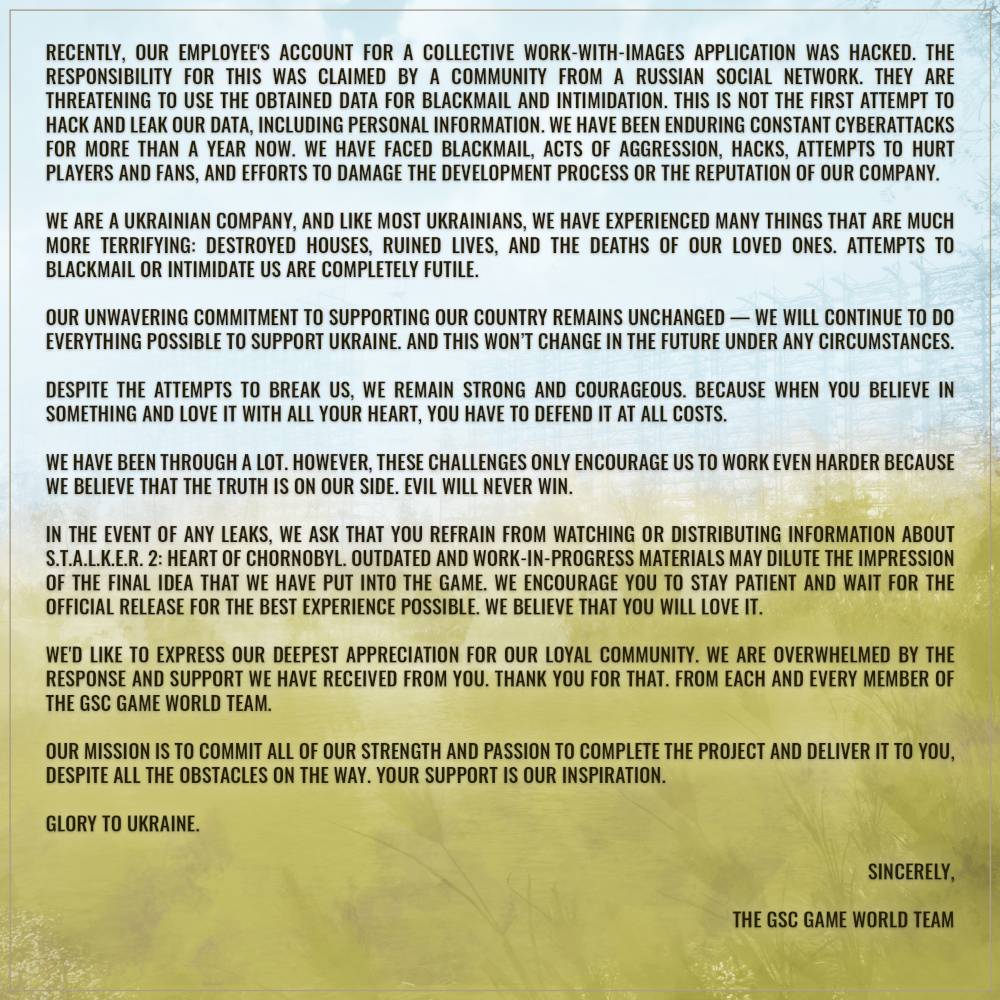 Mensaje de GSC Game World, desarrolladora del videojuego S.T.A.L.K.E.R. 2: Heart of Chornobyl