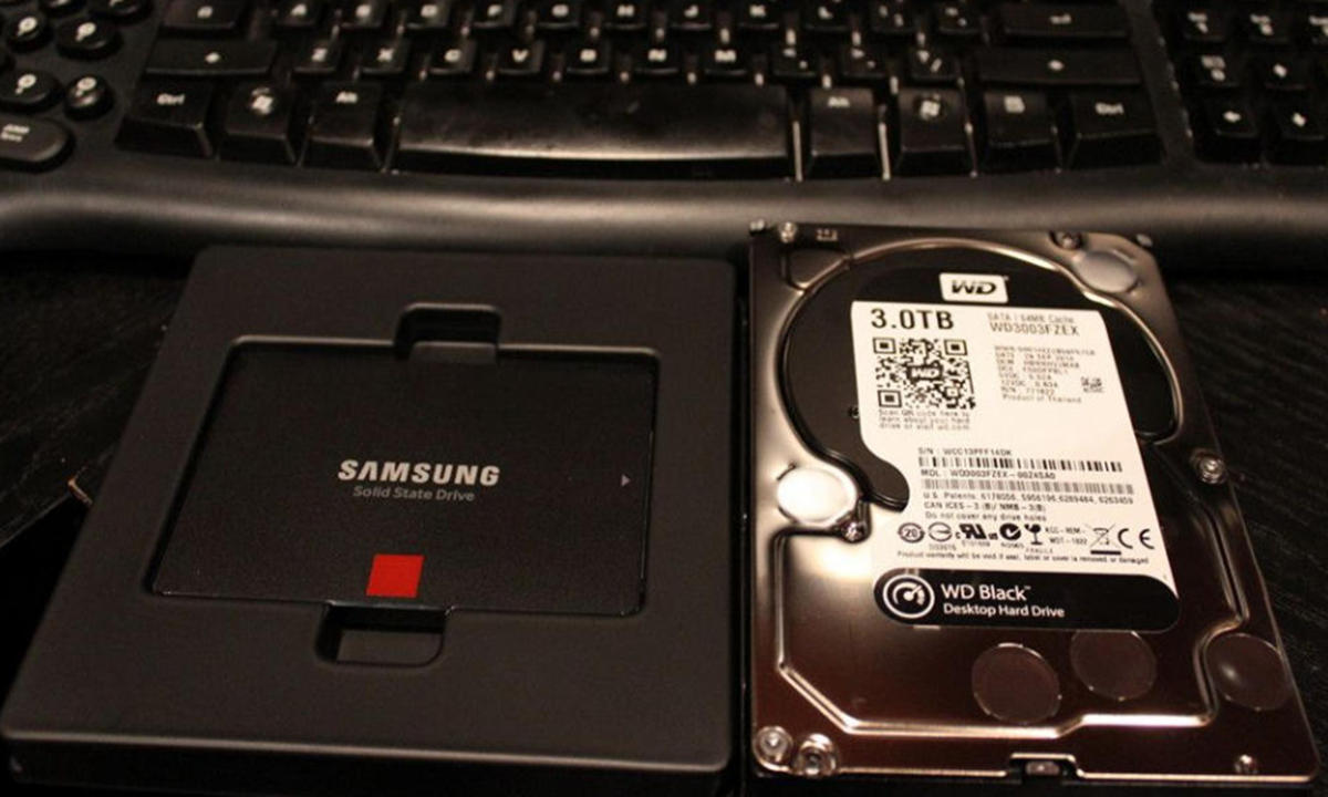 A mechanical hard drive and an SSD