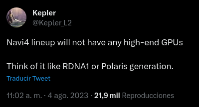 Mensaje de Twitter o X donde se indica que RDNA 4 no será implementada en ninguna gráfica AMD Radeon de gama alta o tope de gama
