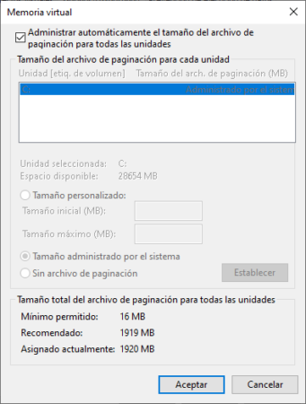 Configuración predeterminada de la memoria virtual en Windows