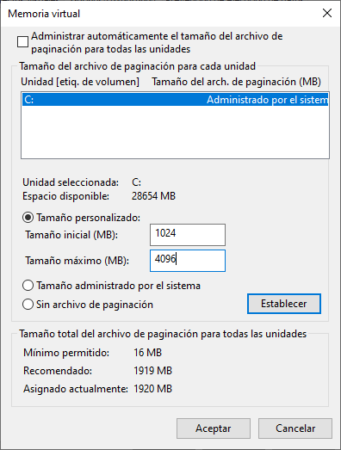 Ejemplo de reconfiguración de memoria virtual en Windows