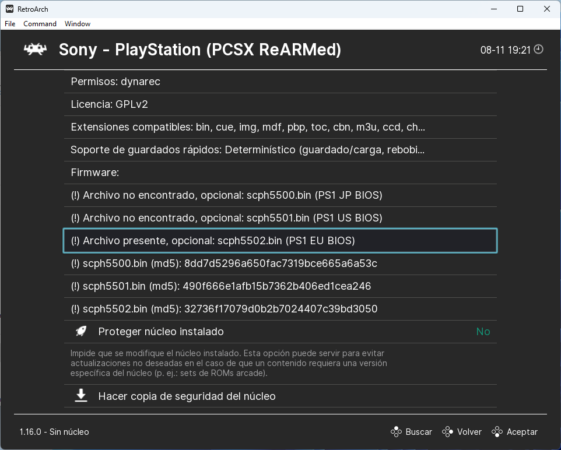 Comprobar el fichero de firmware de PlayStation en RetroArch